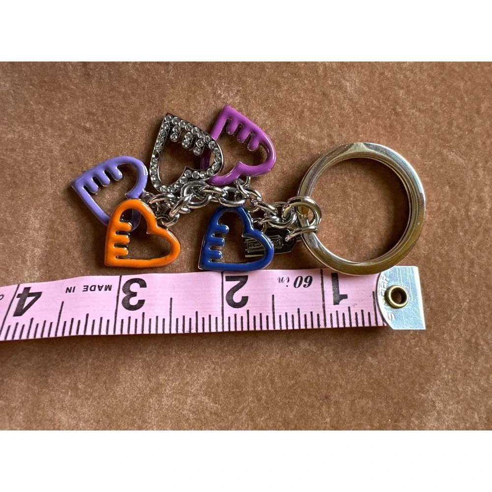 Coach Multi Color Enamel Heart Charm Keychain Silver Tone Rhinestone Key Ring